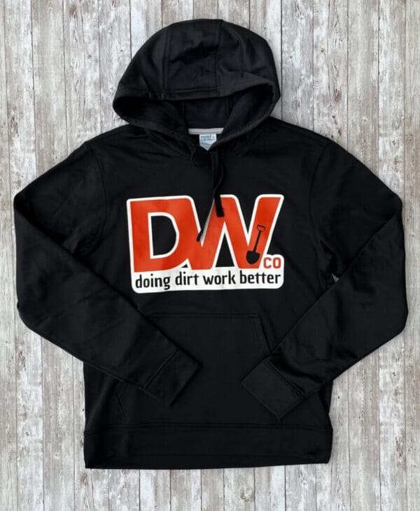 A black hoodie with the words " dogey dirt work better ".
