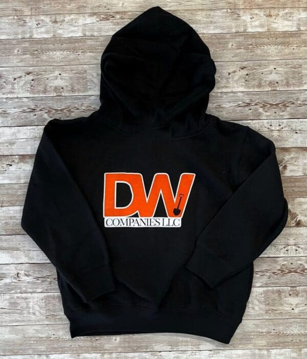 A black hoodie with an orange and white logo.