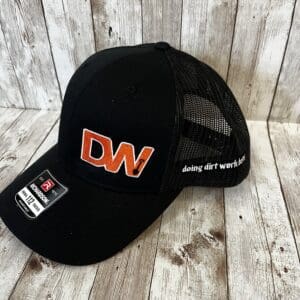 A DW Black and black snapback cap with logo