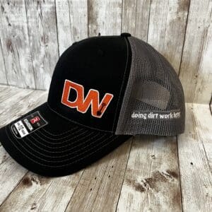 A black and grey colored snapback cap with DW logo
