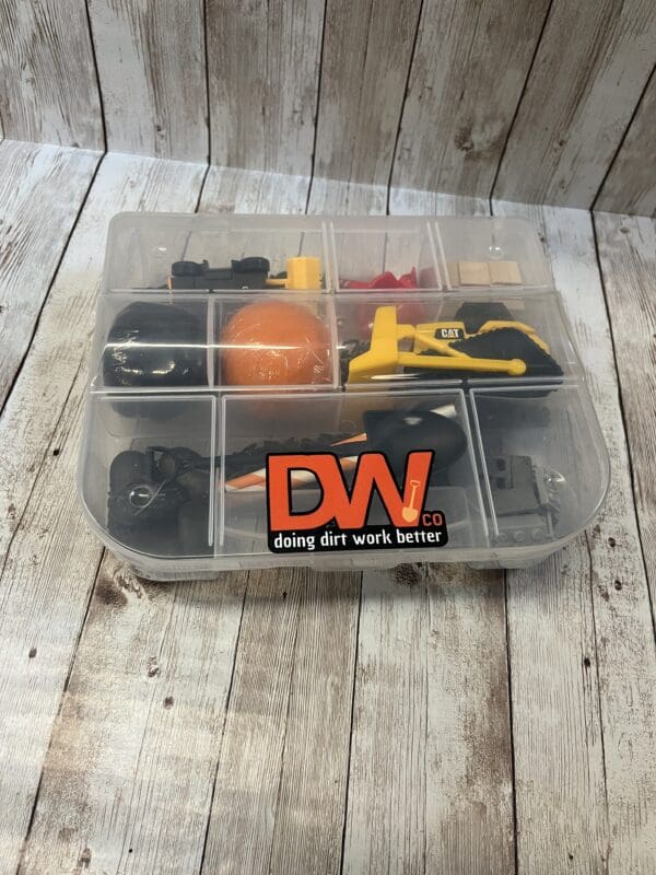 A plastic container with a set of construction tools.
