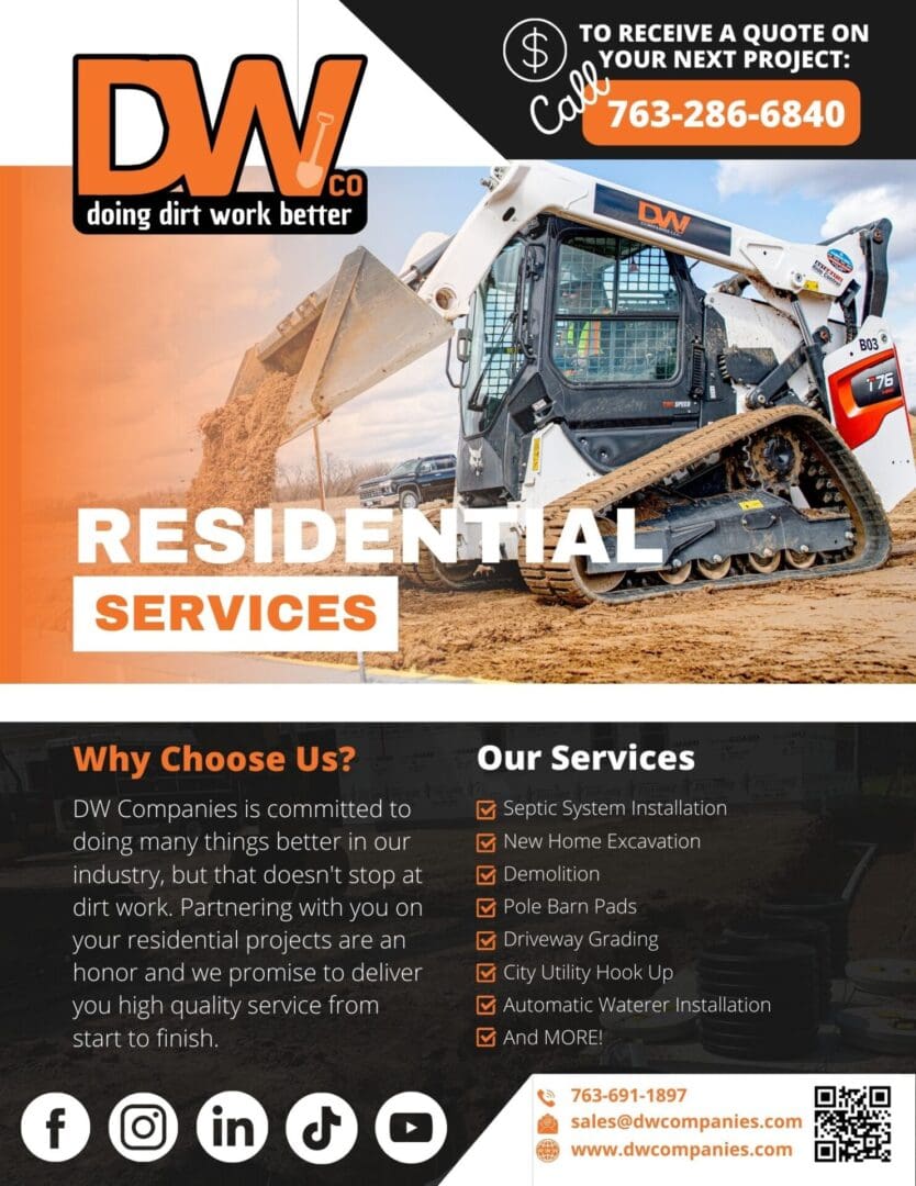 A flyer for residential services with a picture of a construction vehicle.