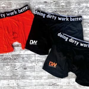 A pair of boxers are shown with the words doing dirty work better on them.