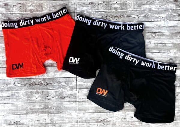 A pair of boxers are shown with the words doing dirty work better on them.