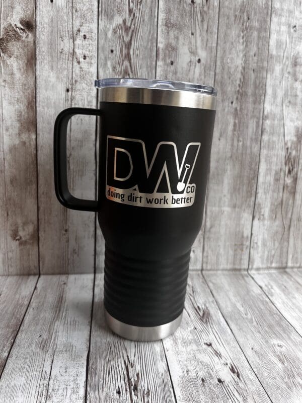 Black DW Co. travel mug with logo.