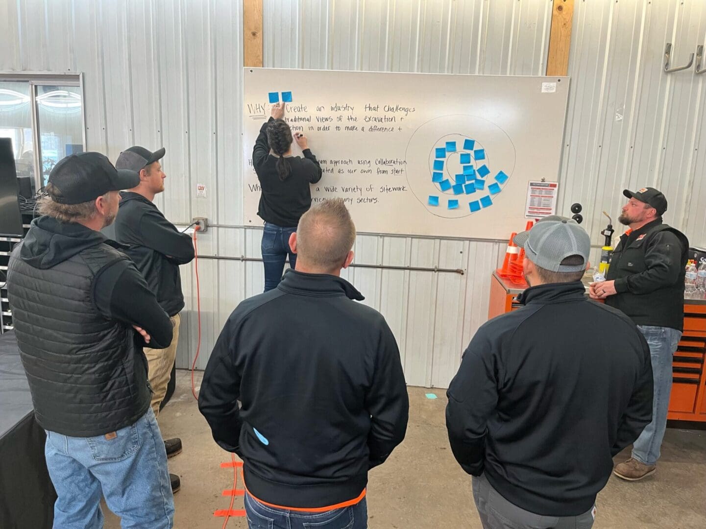 A group of people standing around a whiteboard