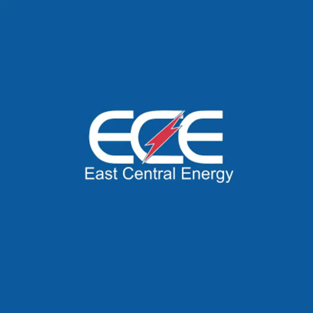 A blue background with the words east central energy in white.