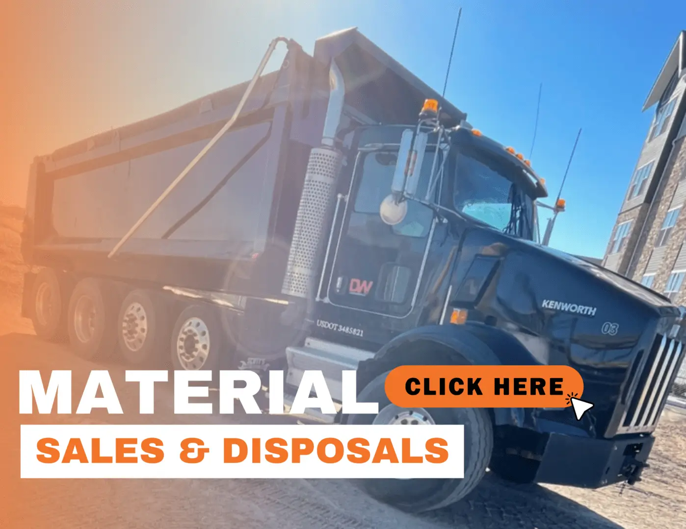 Black Kenworth dump truck, material sales.